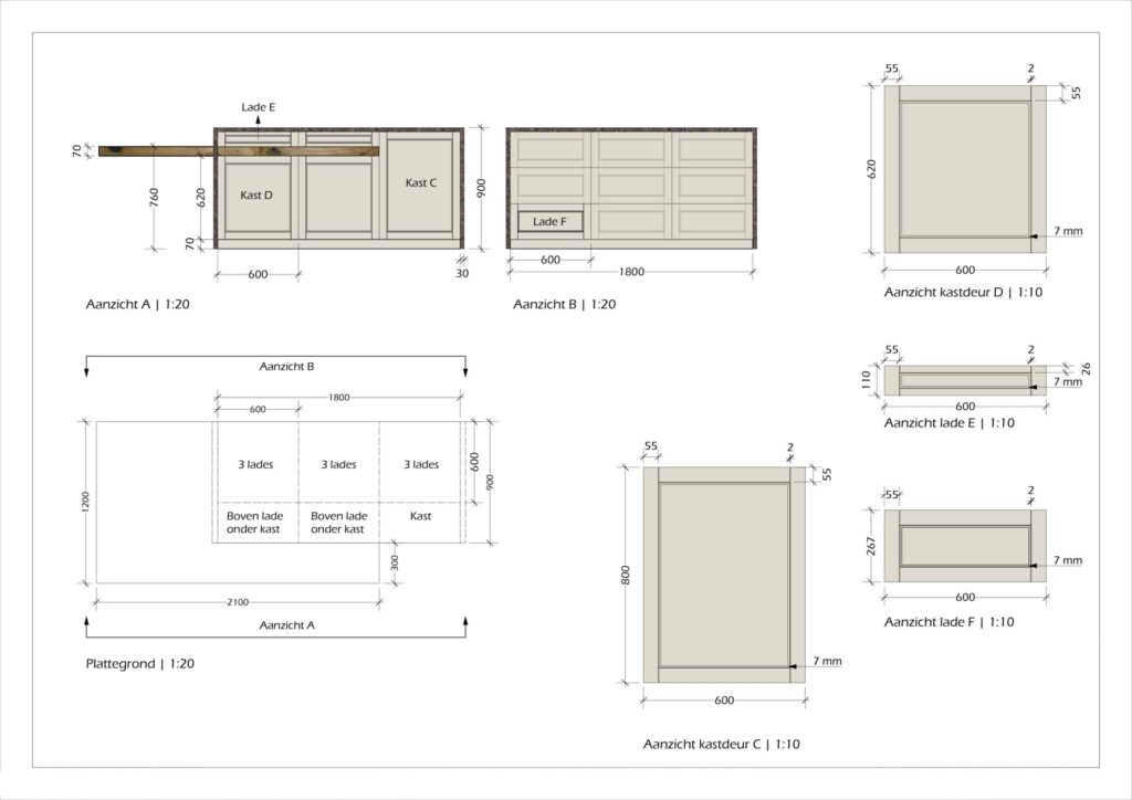 Tekening interieurontwerp keuken eiland woonhuis Sneek