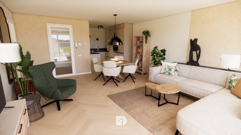 Interieurontwerp appartement Dronten eettafel woonkamer
