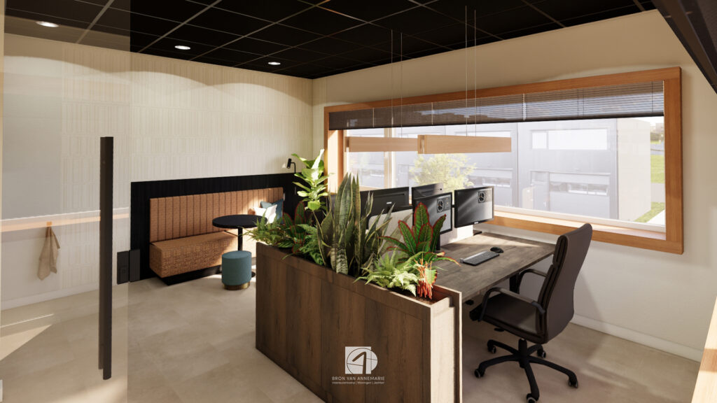 “Interieur van kantoorruimte in bouwunit met meerdere werkplekken, ingetogen kleuren en veel daglicht.