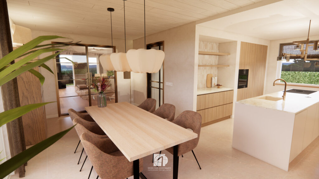 Eetkamer met houten eettafel, naturel stoelen en hanglampen, met zicht op de tuin en natuurlijke materialen in rustige tinten.