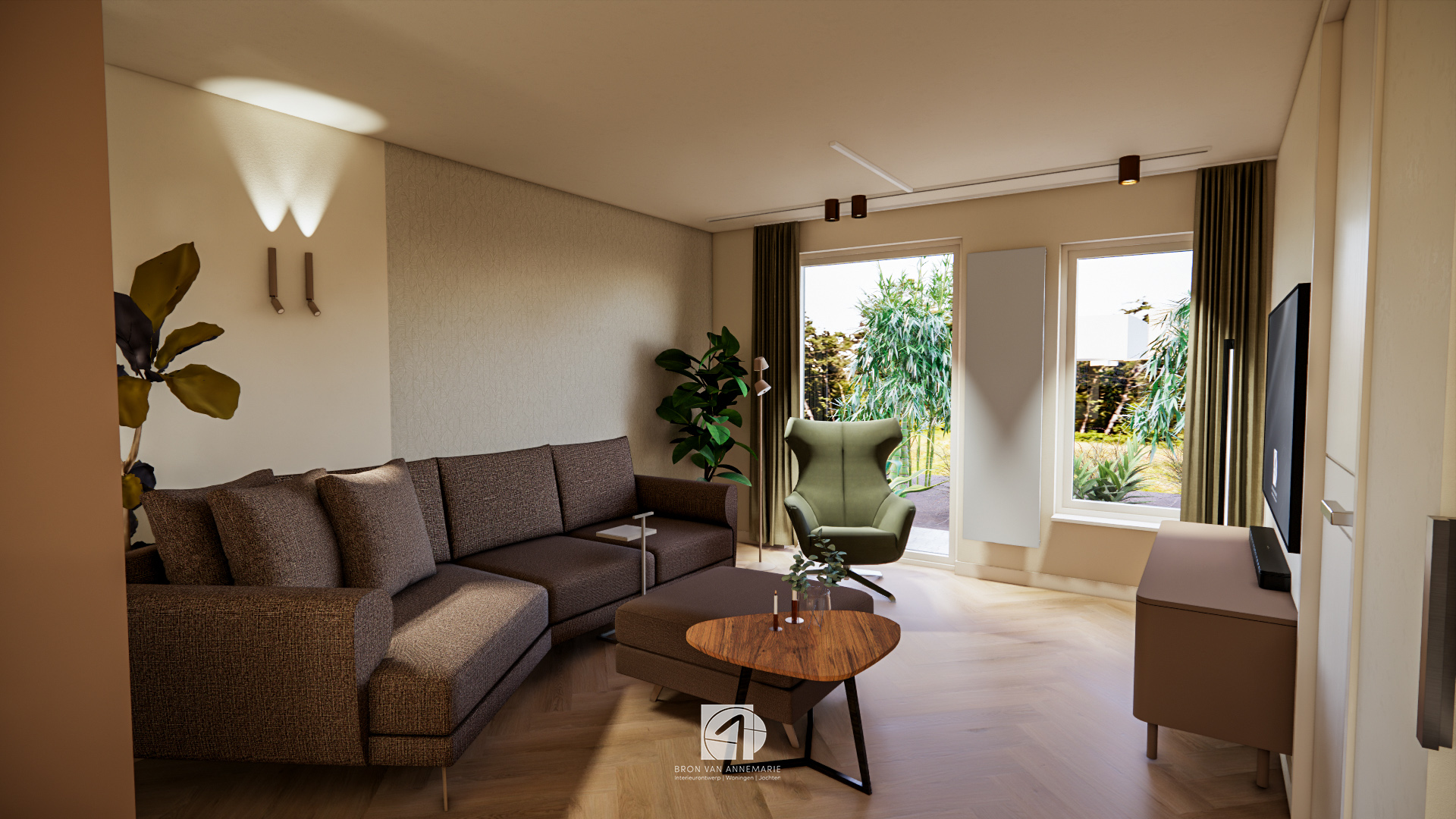 Woonkamer met behang casadeco wandverlichting poef visgraat vloer pvc