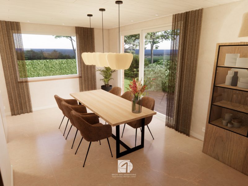 Eetkamer met houten eettafel, naturel stoelen en hanglampen, met zicht op de tuin en natuurlijke materialen in rustige tinten.