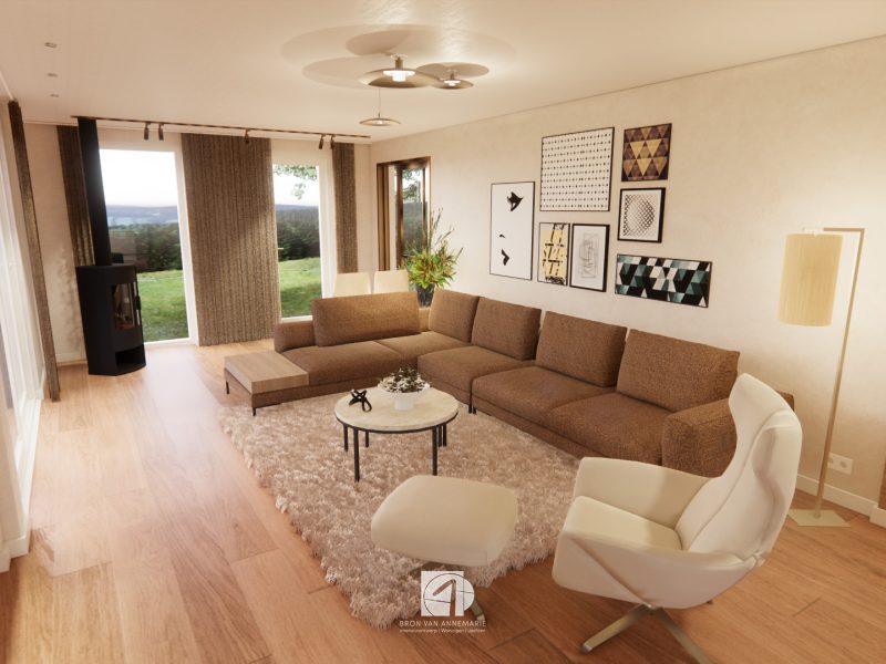 Woonkamer met royale hoekbank, houten vloer en rustig kleurenpalet, gecombineerd met een zorgvuldig uitgewerkt lichtplan.