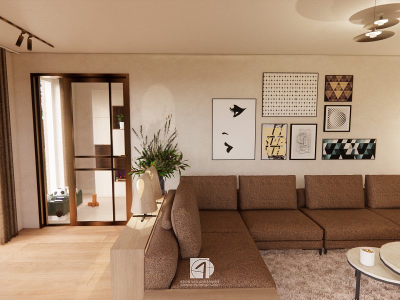 Woonkamer met royale hoekbank, houten vloer en rustig kleurenpalet, gecombineerd met een zorgvuldig uitgewerkt lichtplan.