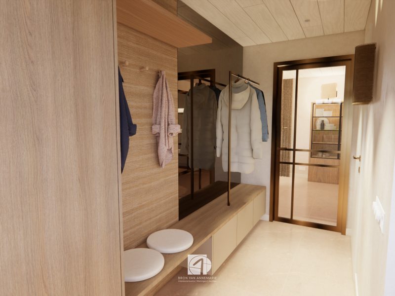 Entree met maatwerk garderobe, houten wandpanelen en zitbank, ontworpen voor overzicht en dagelijks gebruik.