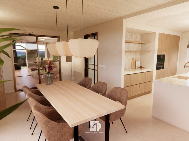 Eetkamer met houten eettafel, naturel stoelen en hanglampen, met zicht op de tuin en natuurlijke materialen in rustige tinten.