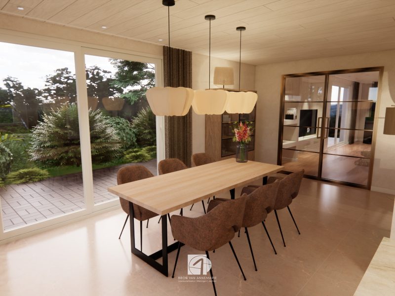 Eetkamer met houten eettafel, naturel stoelen en hanglampen, met zicht op de tuin en natuurlijke materialen in rustige tinten.