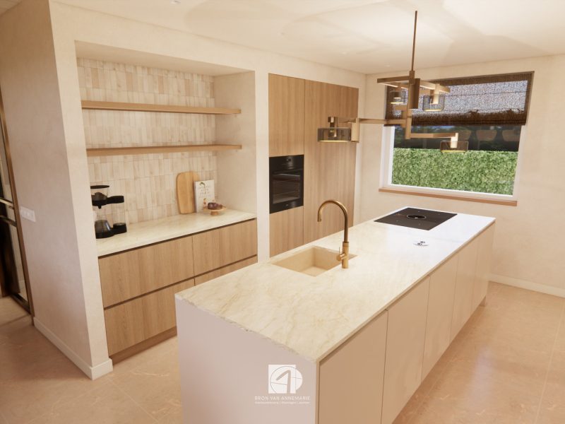 Keuken met eiland, lichte werkbladen en houten kastenwand, ontworpen voor rust, ruimte en praktisch gebruik.