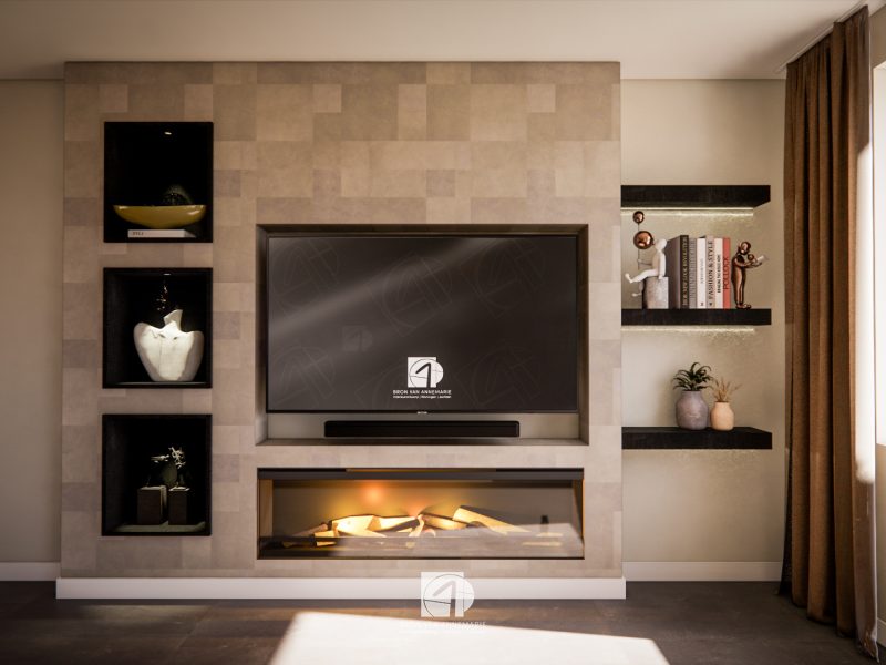 Cinewall lederen bekleding hout zwart met haard en grote tv