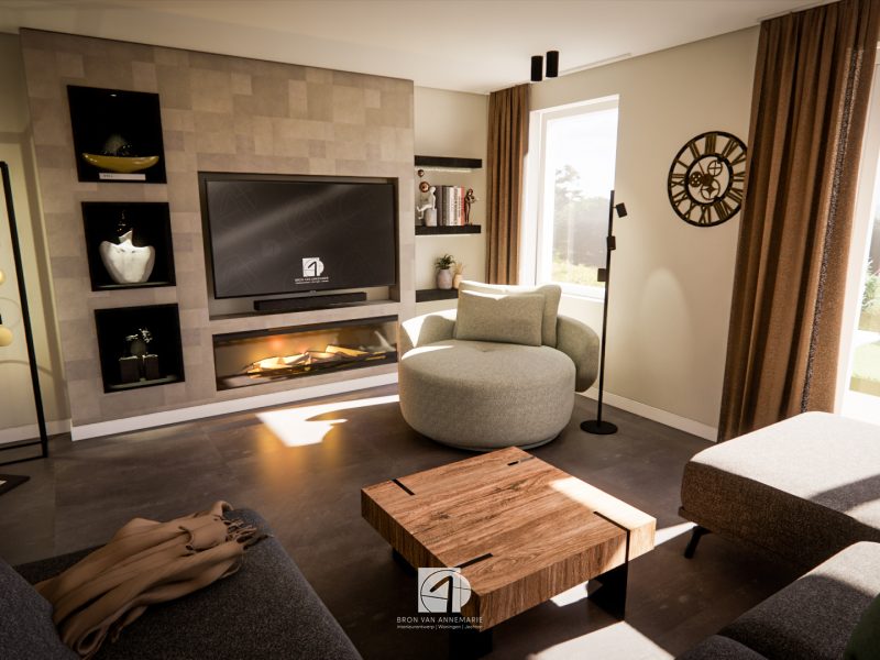 woonkamer ronde stoel cinewall hout grijs