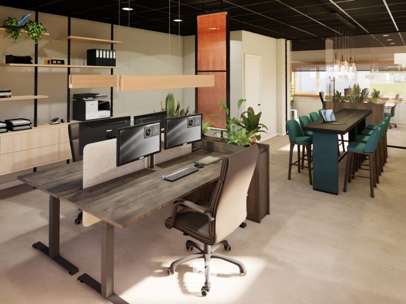 “Interieur van kantoorruimte in bouwunit met meerdere werkplekken, ingetogen kleuren en veel daglicht.