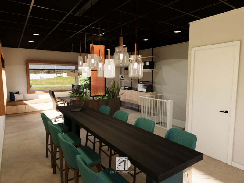 “Interieur van kantoorruimte in bouwunit met meerdere werkplekken, ingetogen kleuren en veel daglicht.