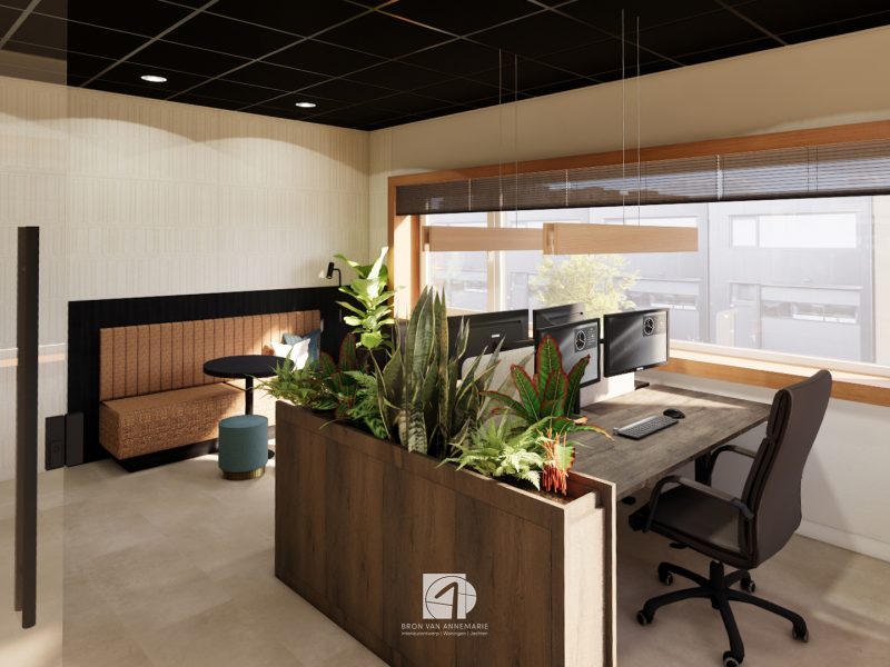 “Interieur van kantoorruimte in bouwunit met meerdere werkplekken, ingetogen kleuren en veel daglicht.