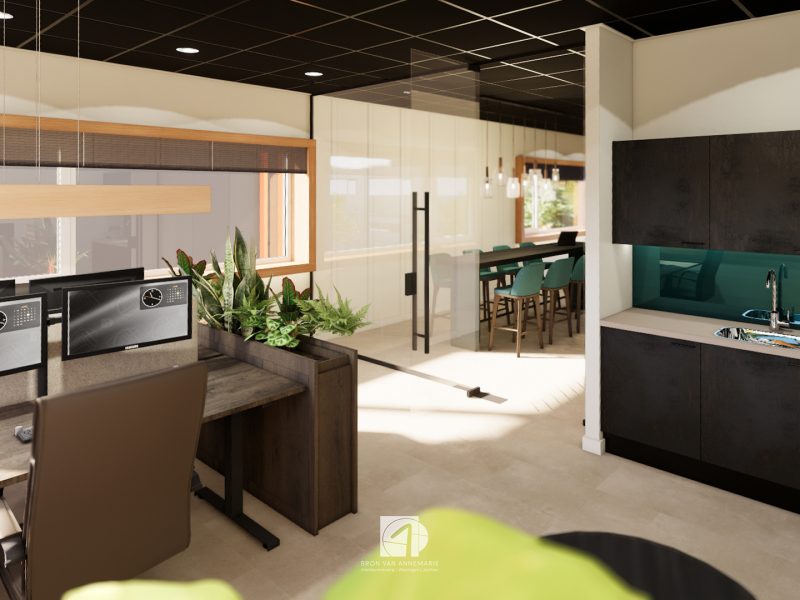 “Interieur van kantoorruimte in bouwunit met meerdere werkplekken, ingetogen kleuren en veel daglicht.