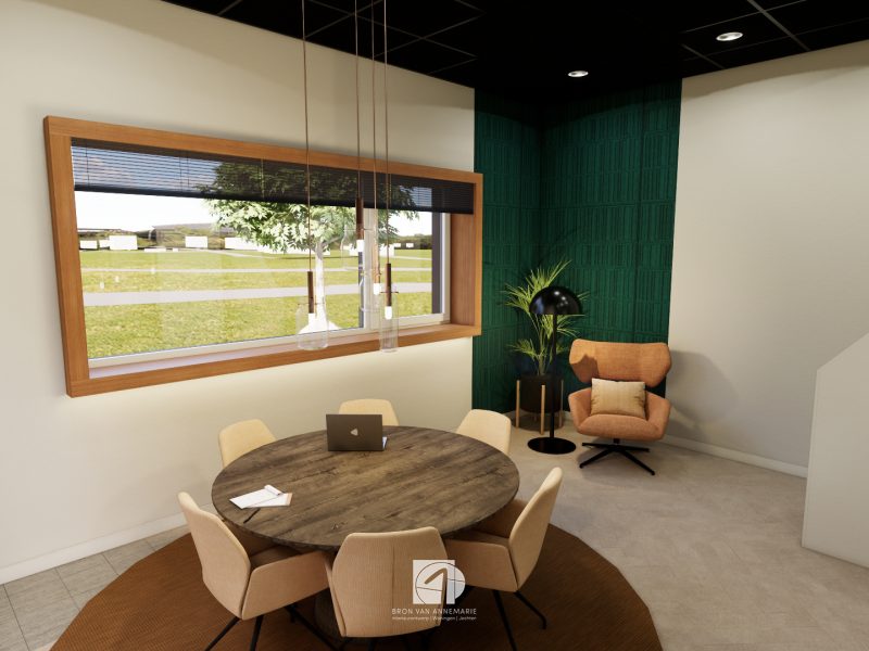 “Interieur van kantoorruimte in bouwunit met meerdere werkplekken, ingetogen kleuren en veel daglicht.