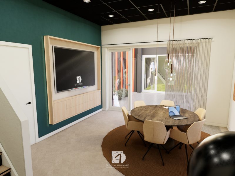 “Interieur van kantoorruimte in bouwunit met meerdere werkplekken, ingetogen kleuren en veel daglicht.