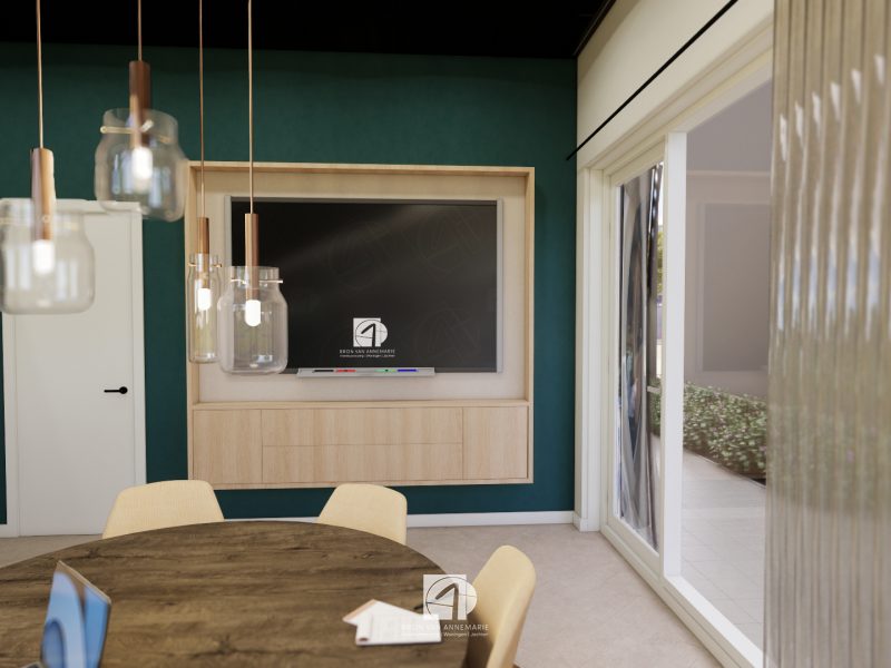 “Interieur van kantoorruimte in bouwunit met meerdere werkplekken, ingetogen kleuren en veel daglicht.