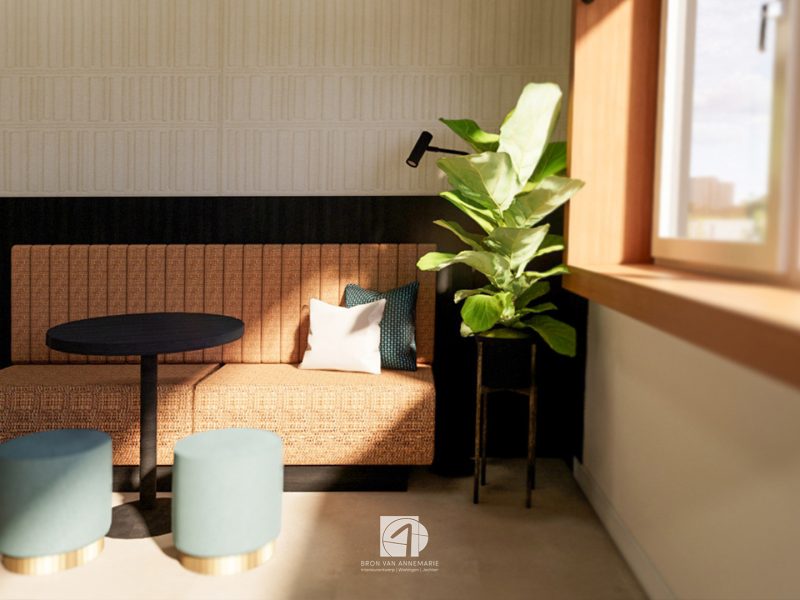 “Interieur van kantoorruimte in bouwunit met meerdere werkplekken, ingetogen kleuren en veel daglicht.