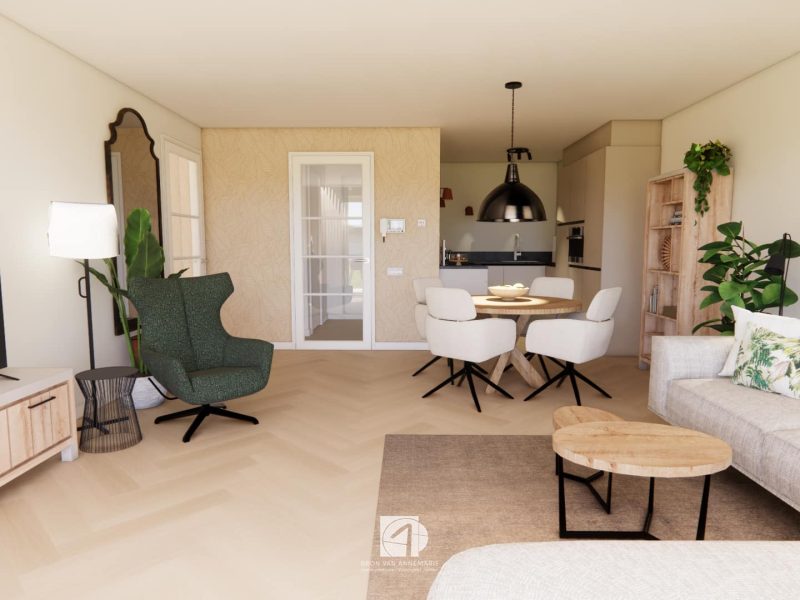 Interieurontwerp nieuwbouw Dronten eettafel groene stoel