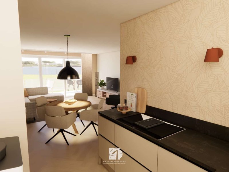 Interieurontwerp appartement Dronten beige hout zwart aanrecht
