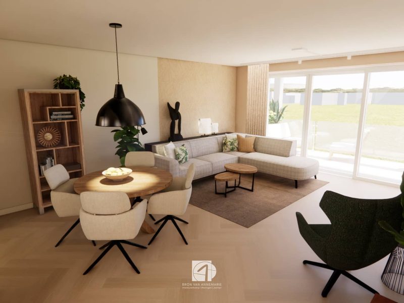 Interieurontwerp appartement Dronten zitgedeelte en eetgedeelte