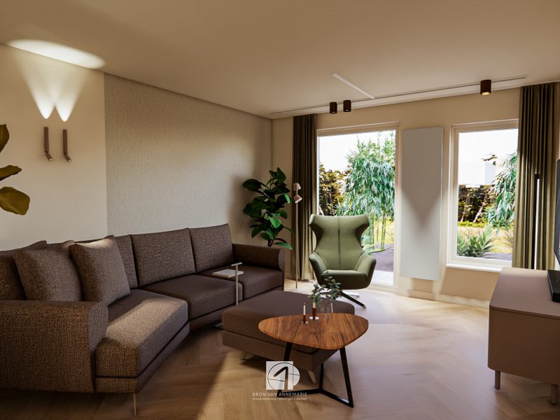 Woonkamer met behang casadeco wandverlichting poef visgraat vloer pvc
