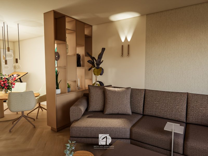 roomdivider maatwerk ontwerp verlichting wand behang knusse zithoek trapeze bank