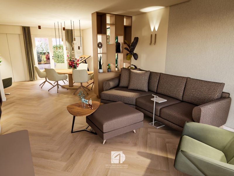 Woonkamer verbouwing bank met trapeze element lever kleur stoffering poef groentinten