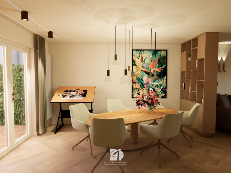 eethoek leaf tafel met centrale poot en glazen spider lamp
